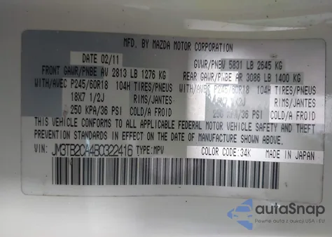 2011 Mazda Cx-9 Touring z USA, uszkodzony, nr VIN JM3TB2CA4B0322416